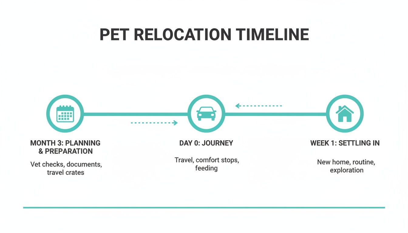 A pet relocation timeline infographic showing stages: planning, journey, and settling into a new home.