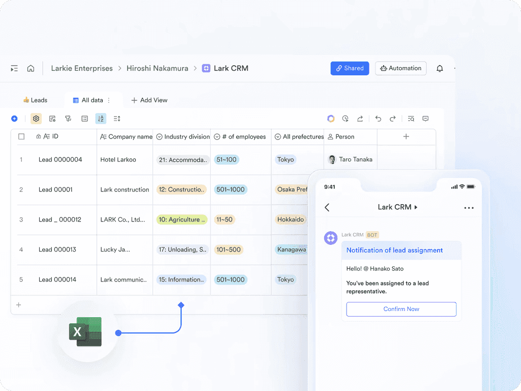 A customer database with Excel data integration