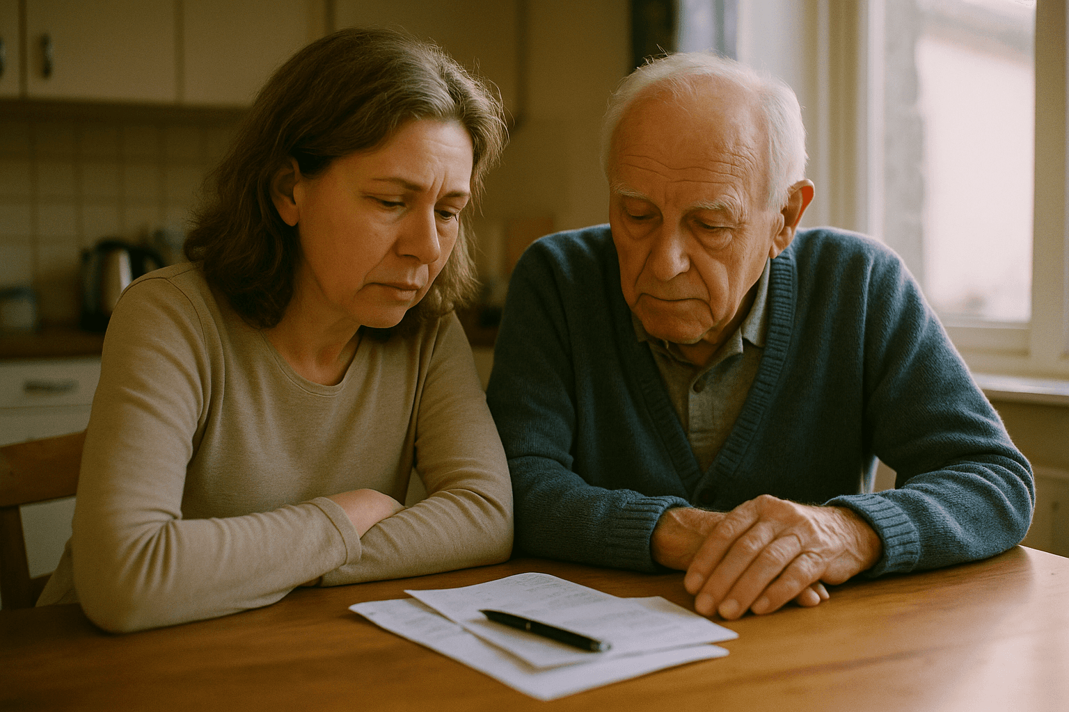 An adult daughter and her elderly father sit together at a kitchen table reviewing papers in soft afternoon light.