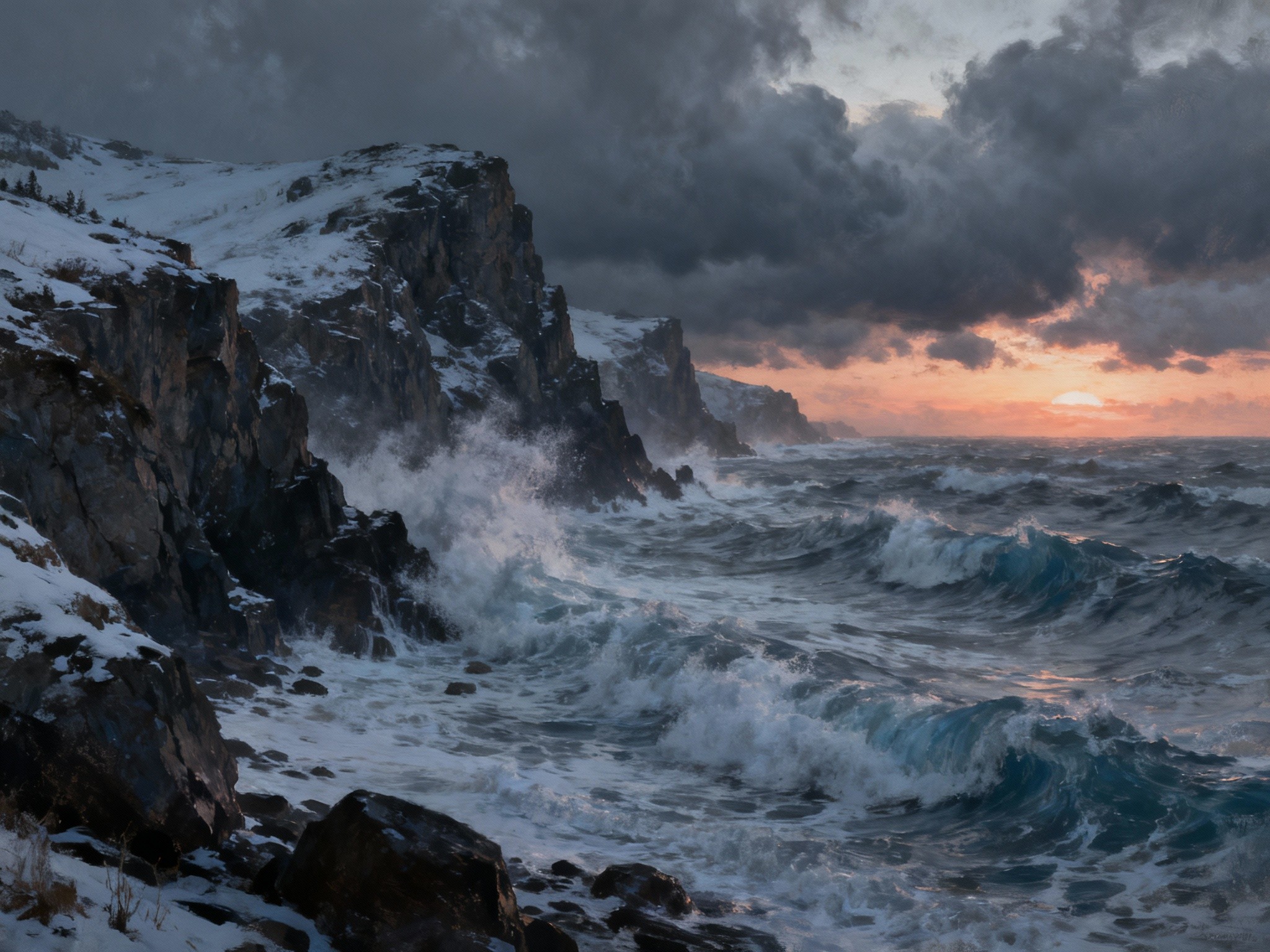 A panoramic view of a tempestuous winter coastline during sunset, turbulent gray-blue waves crashing