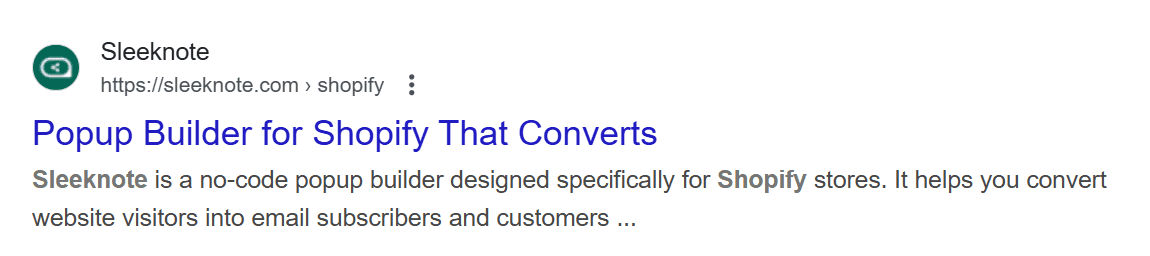 Sleeknote search result for a Shopify popup builder.