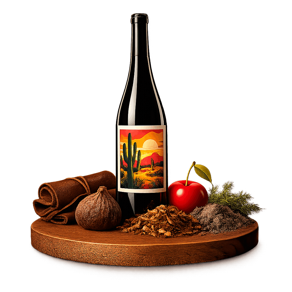 Artistic label and flavor profile for Valle de Guadalupe Tempranillo on a rustic wooden table.