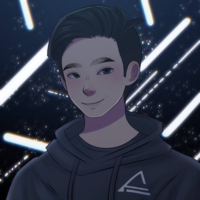 Illustration of a young man with short dark hair, wearing a dark gray hoodie with a white triangle logo. He has a gentle smile and is set against a dark blue background with streaks of light.
