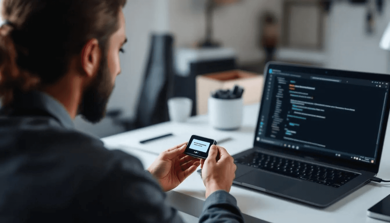 A person is using a hardware wallet to securely sign a bitcoin transaction, ensuring they double-check the transaction details and the recipient's wallet address before sending crypto. The device provides an extra layer of security, allowing the user to confirm the transaction and avoid sending bitcoin to a wrong address.