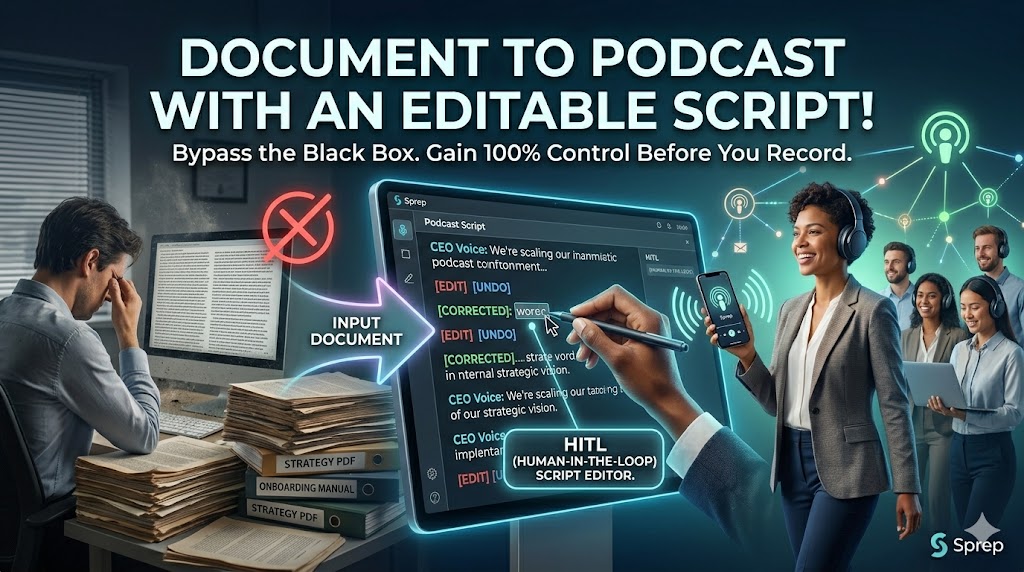 A professional editing a podcast script on a laptop before converting a corporate document to audio.