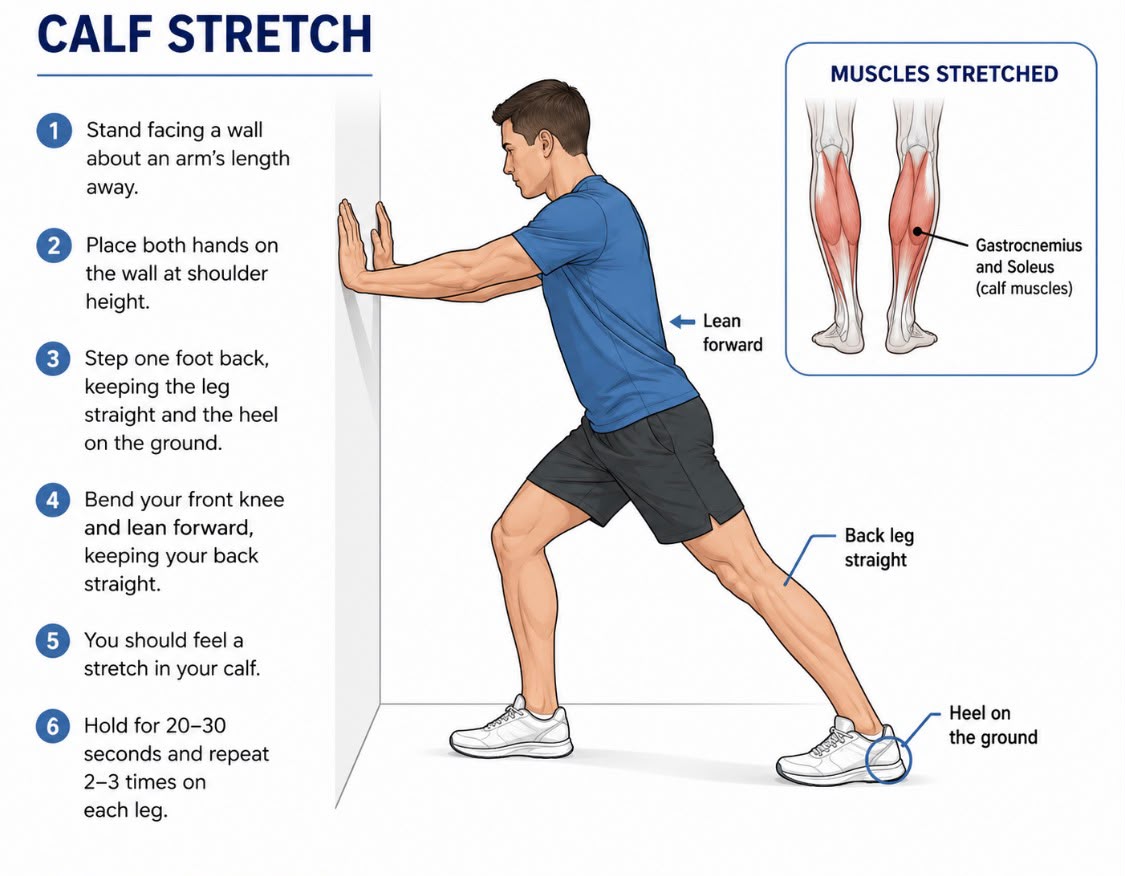Step-by-step illustration of a standing wall calf stretch, with the back leg straight and heel kept on the ground