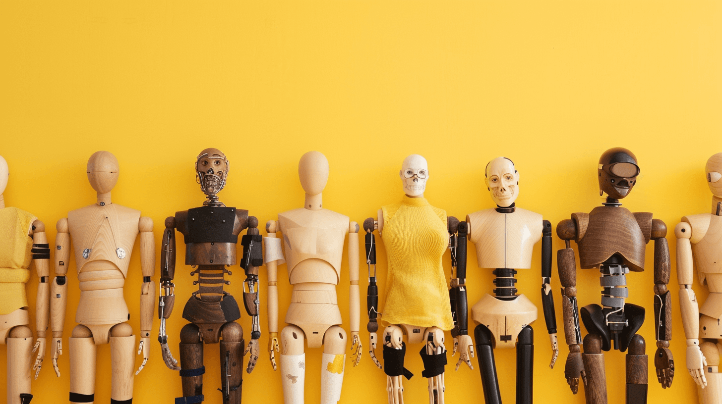 Maniquies diversos en final con un fondo amarillo. creativosatomicos.com