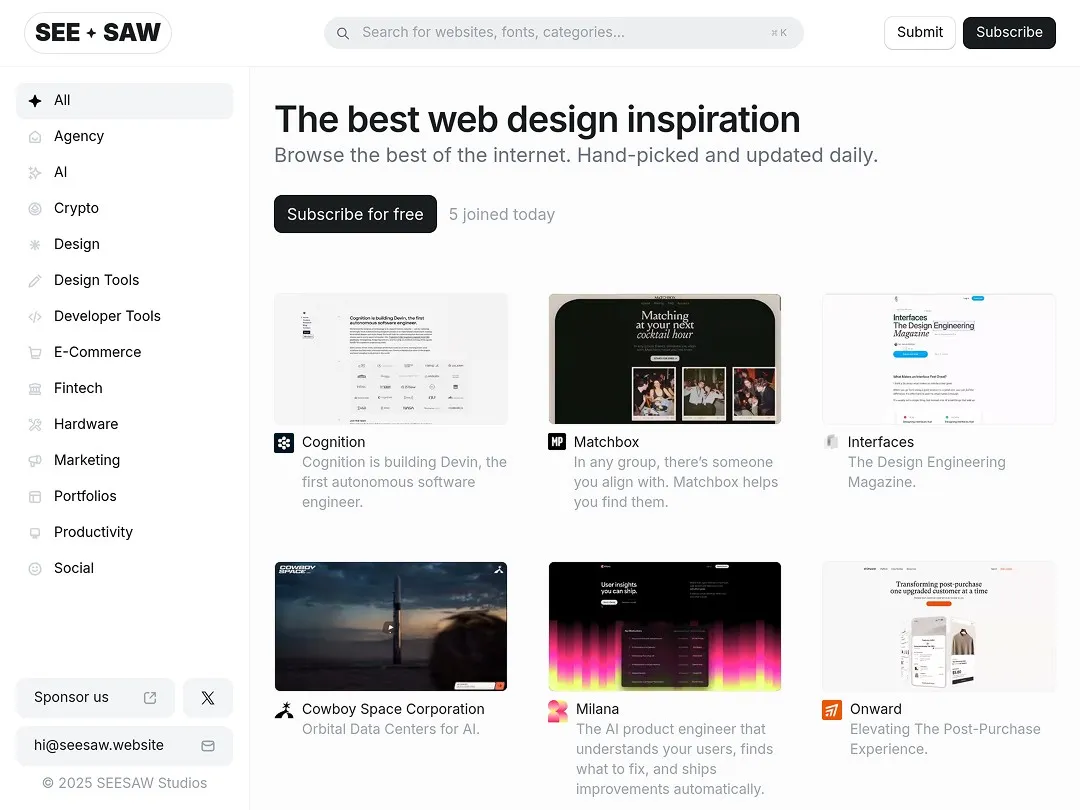 Web design inspiration site with categories and featured projects.