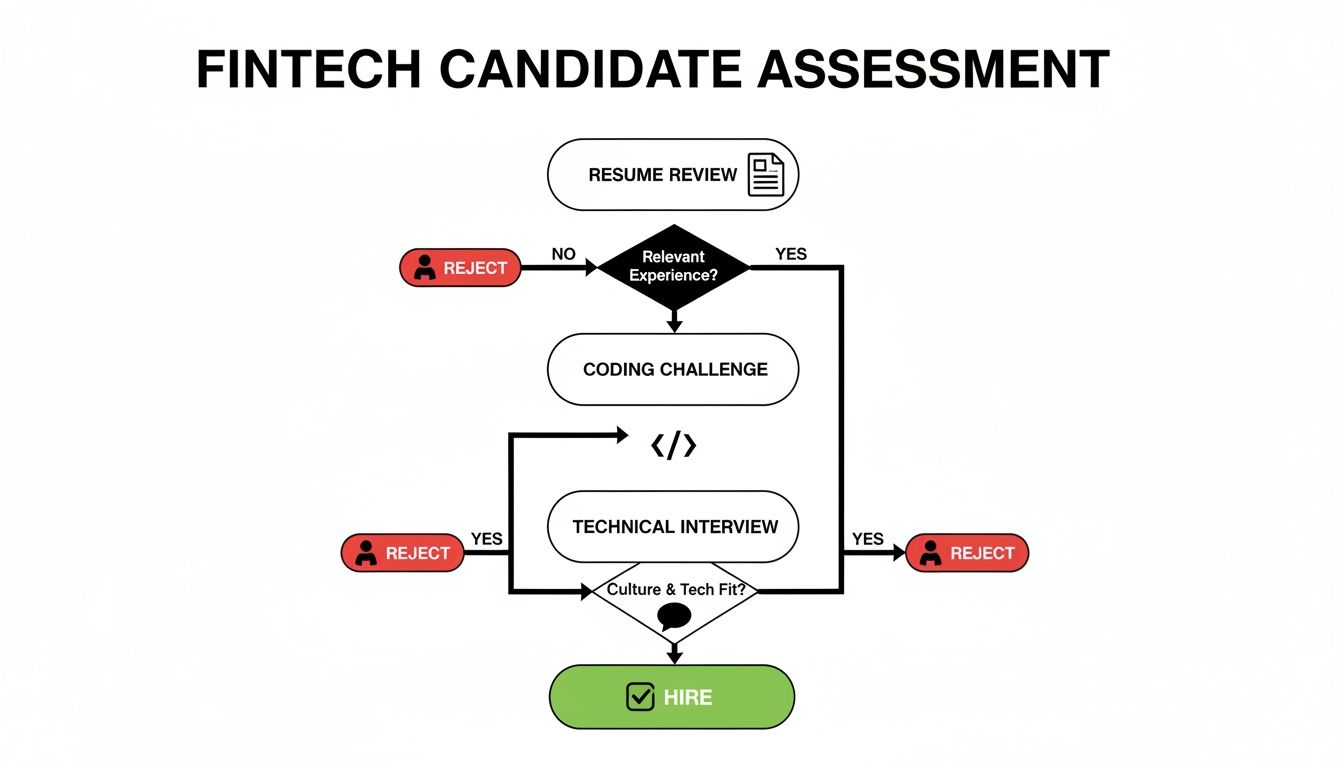 Flowchart detailing the Fintech candidate assessment process, including resume review, coding, and interviews.