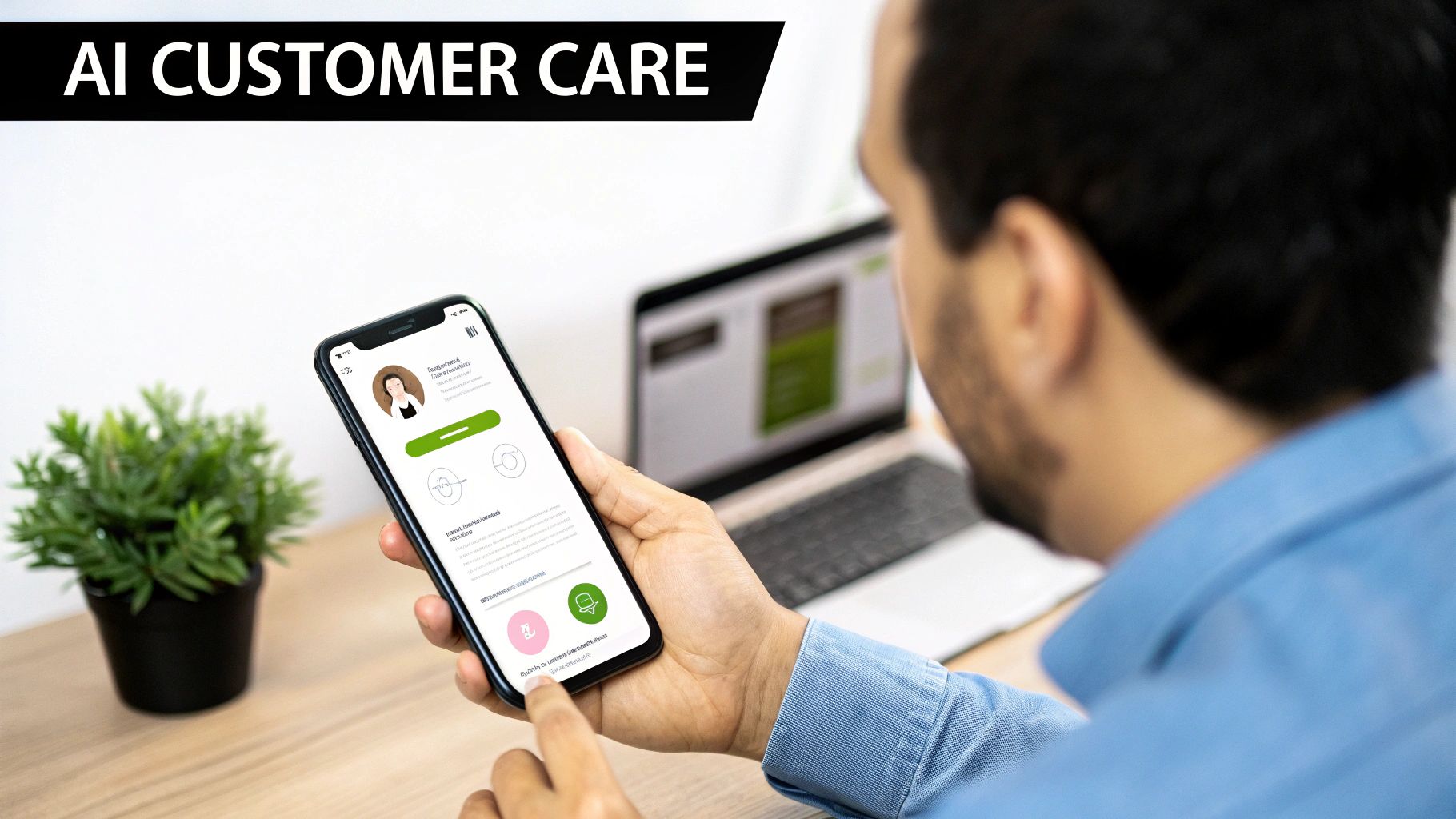 Man uses smartphone app for AI customer care, with a laptop and plant on a desk.