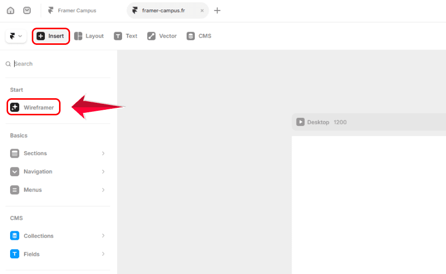 Accéder à Wireframer depuis le panneau d'insertion dans Framer