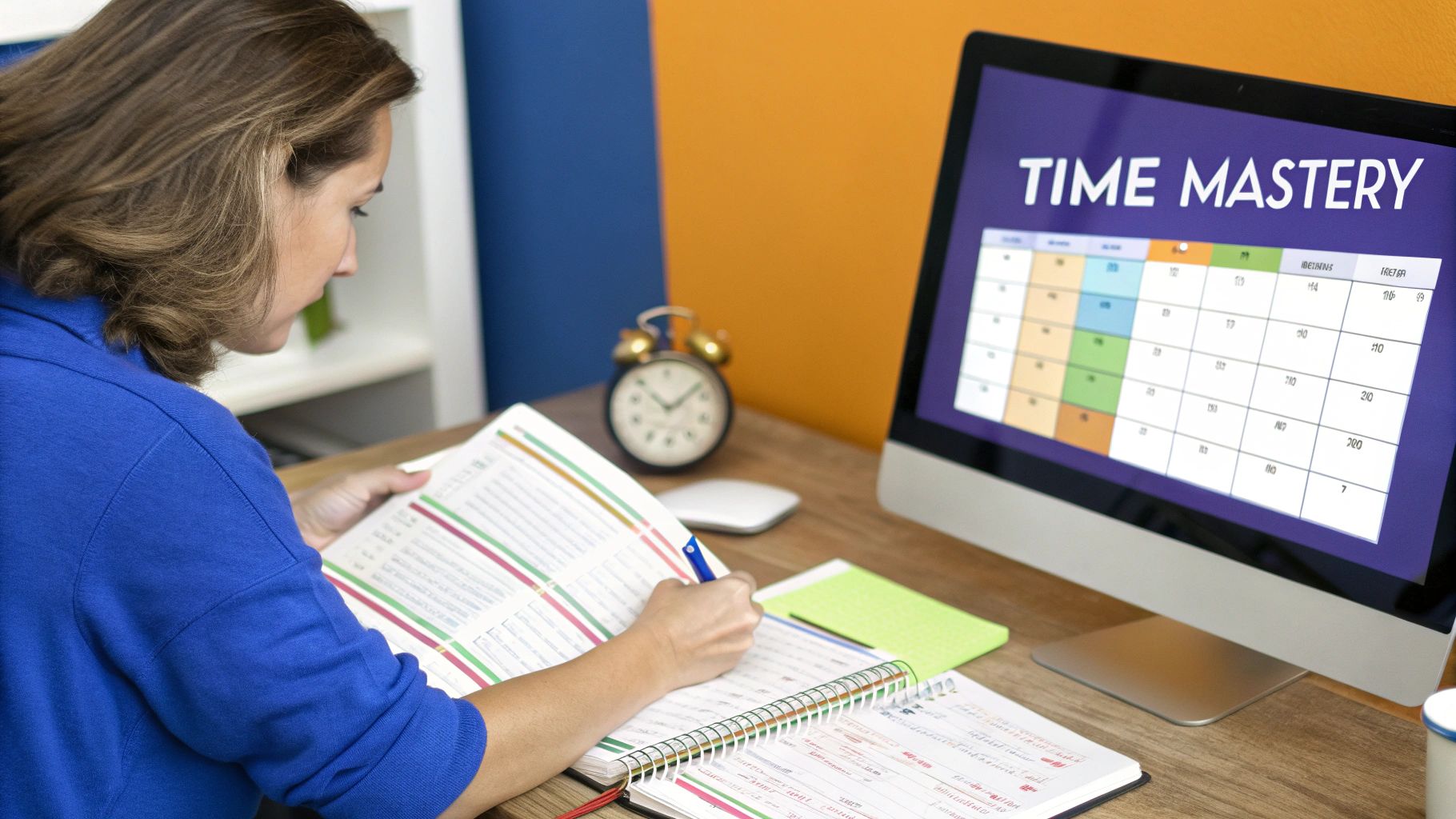 A teacher at their desk, using a planner to organize their schedule, with a focused and calm expression.