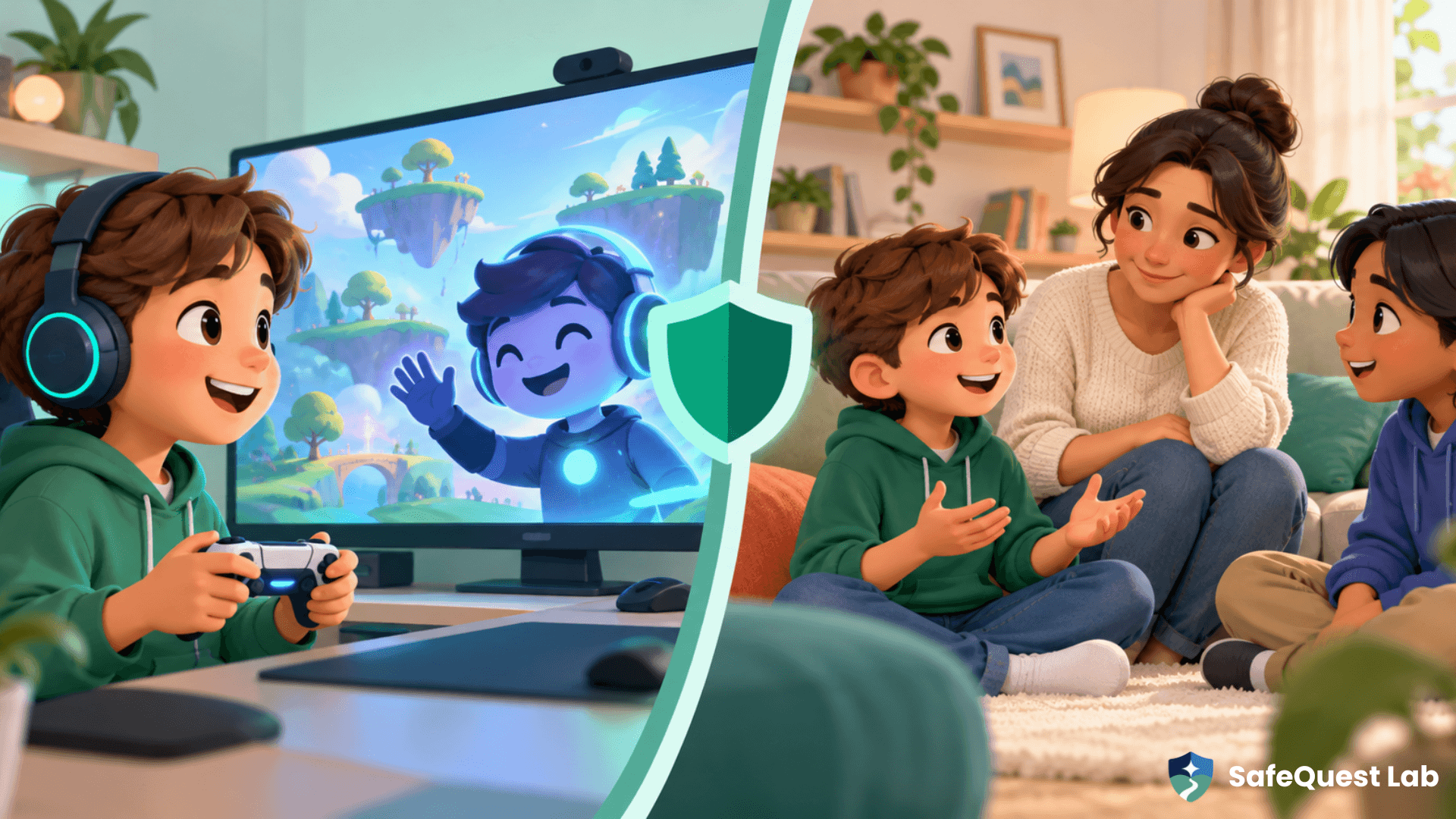 Child and trusted adult discussing safer online gaming friendship boundaries
