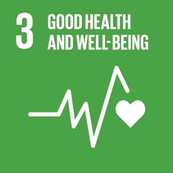 The image represents the third United Nations Sustainable Development Goal (SDG 3), which is "Good Health and Well-being." It features a green background with the text "3 Good Health and Well-being" at the top. Below the text, there is a simple white icon of a heart with a pulse line running through it, symbolizing health and medical care, emphasizing the goal of ensuring healthy lives and promoting well-being for all at all ages.