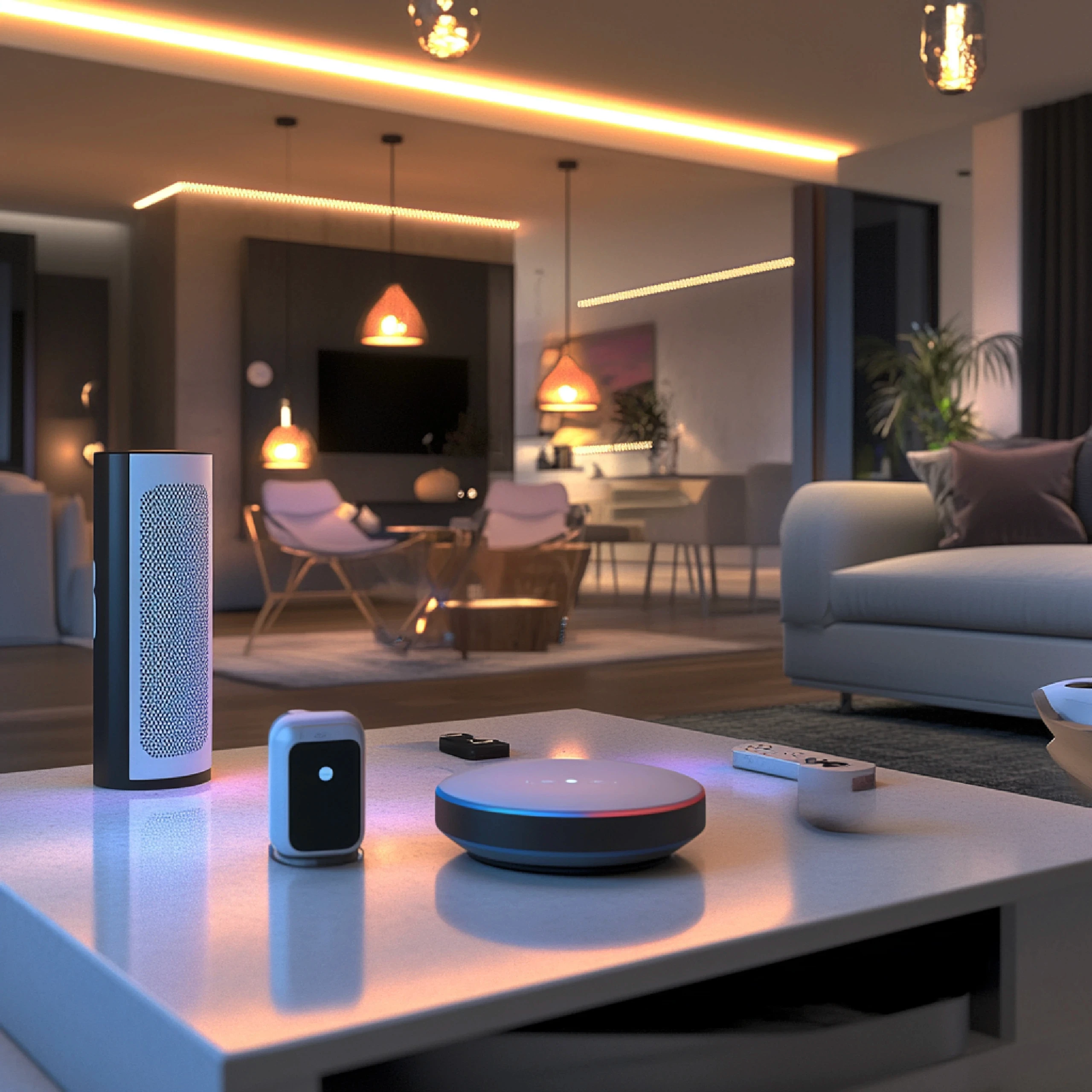 White cylindrical smart home speaker hub with a blue light ring next to a smartphone on a living room table.