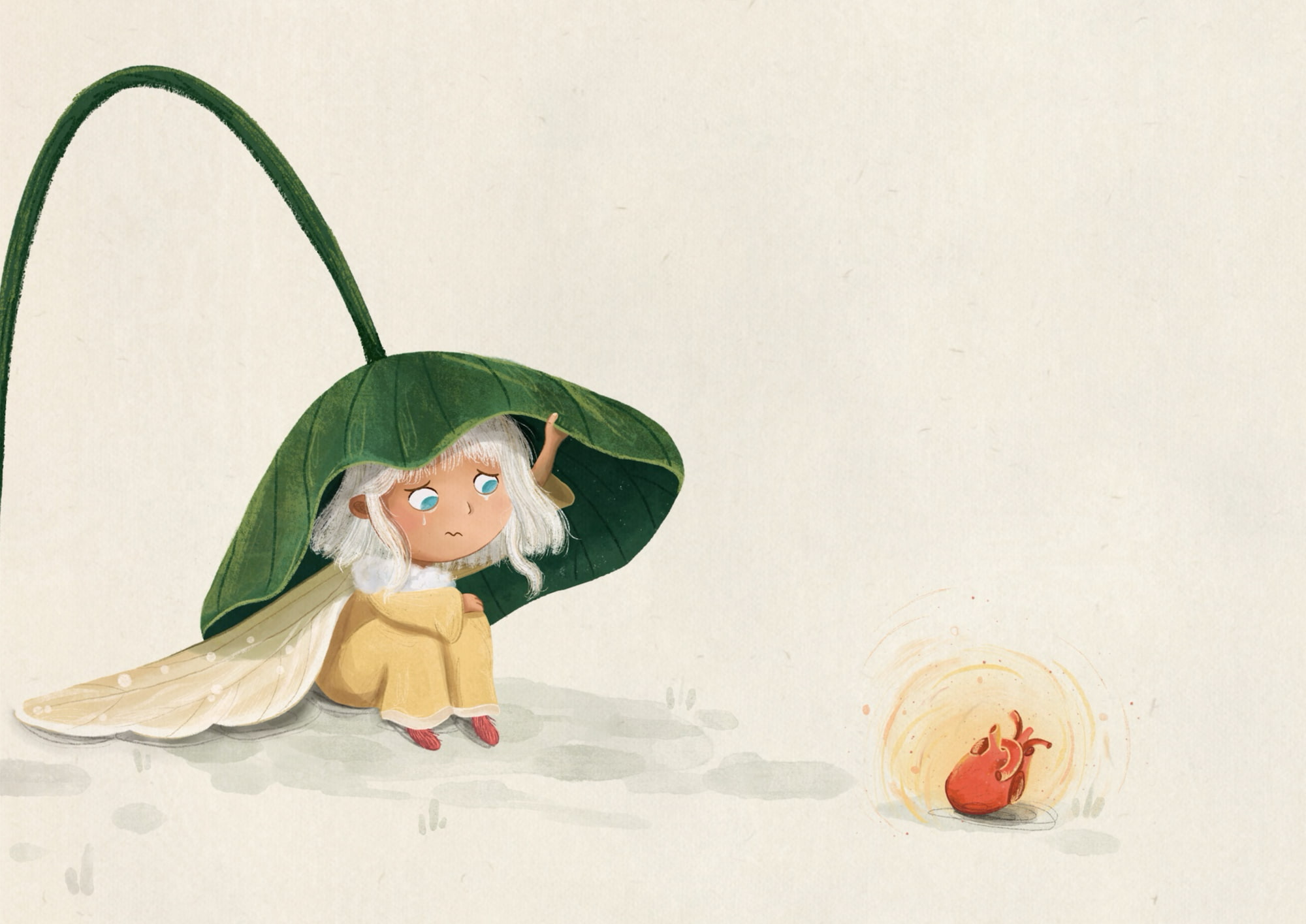 A frightened moth fairy hiding under a large leaf and crying while looking at the magical heart.