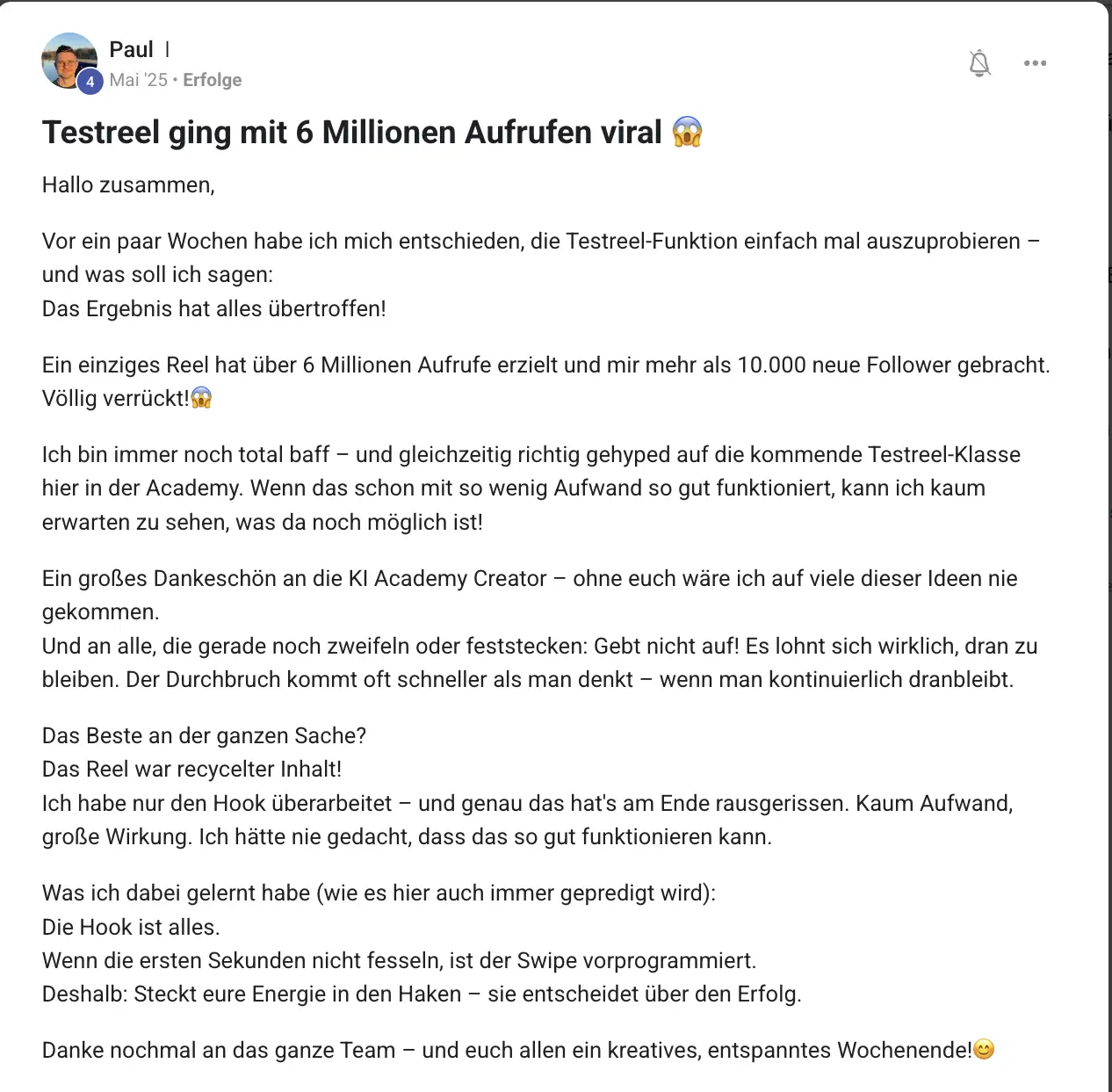 Mitglied der KI Creator Akademie: Pauls Test-Reel geht mit 6 Millionen Aufrufen viral