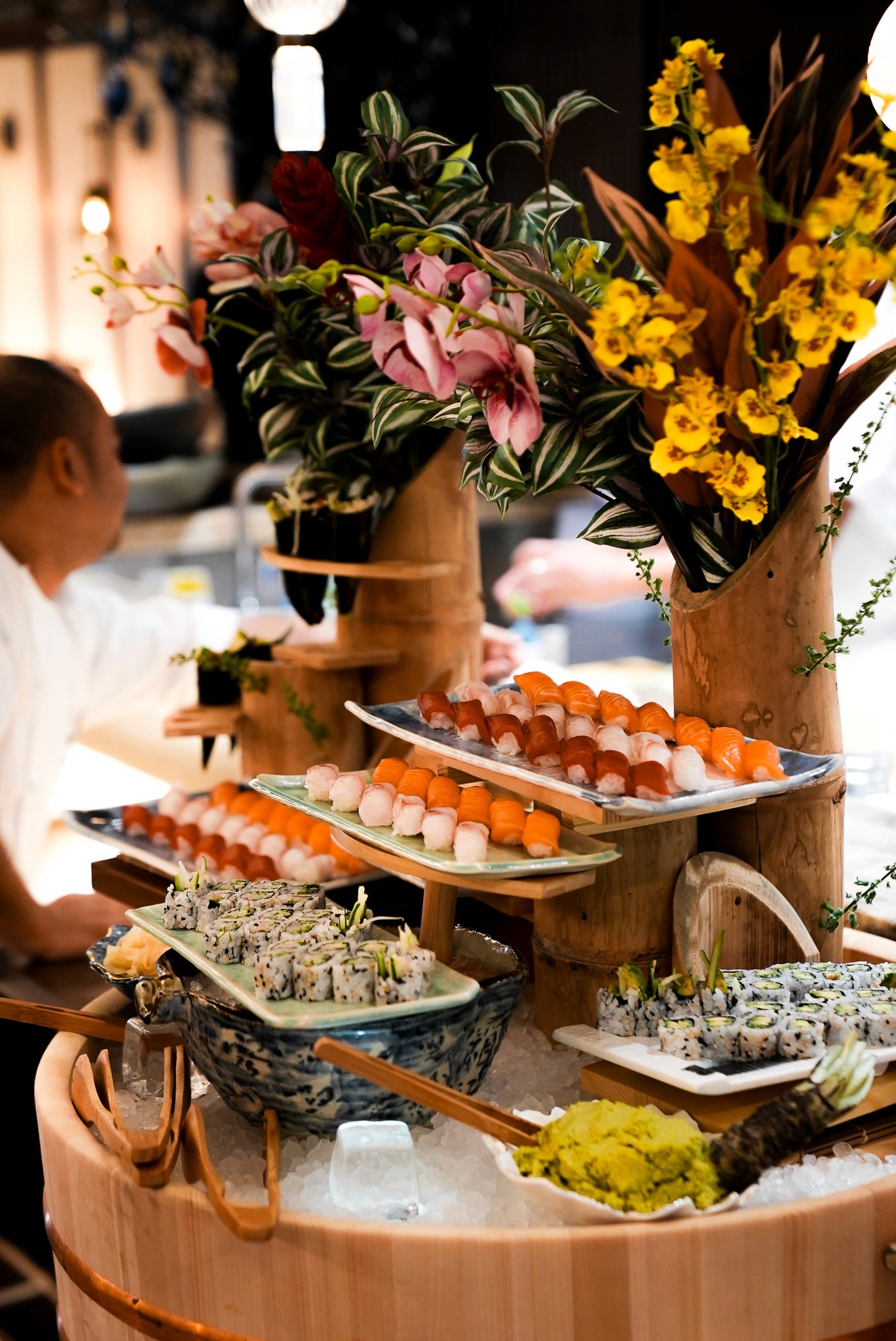 Bride and groom walking on street at night