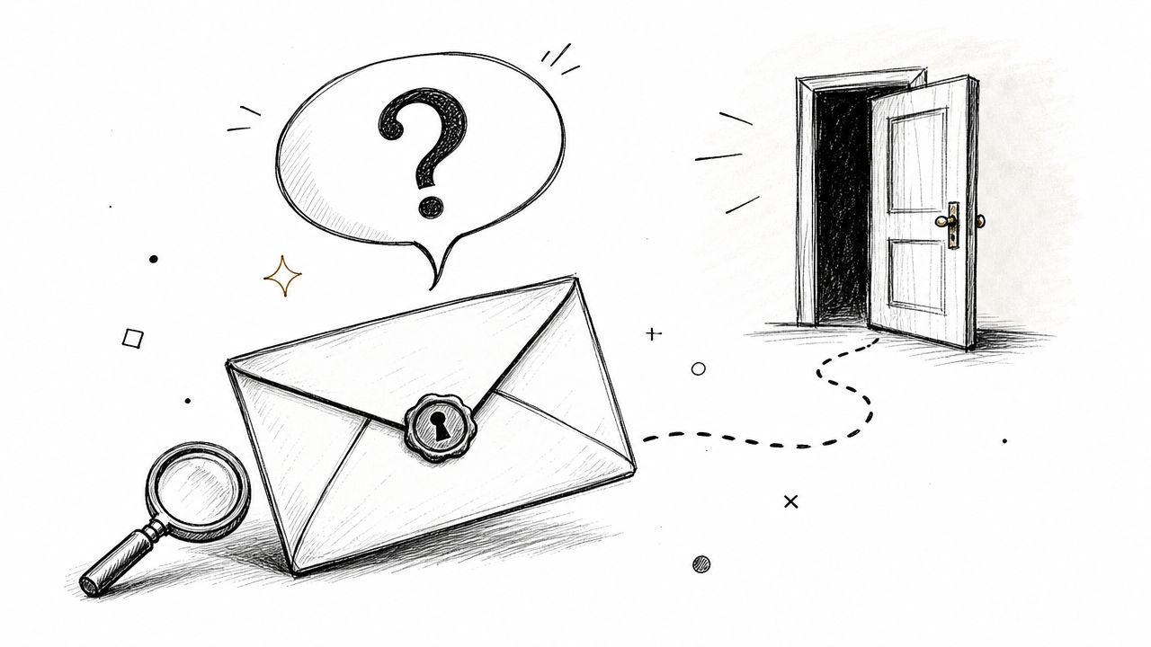 A hand-drawn illustration showing a sealed envelope with a question mark and an open doorway.
