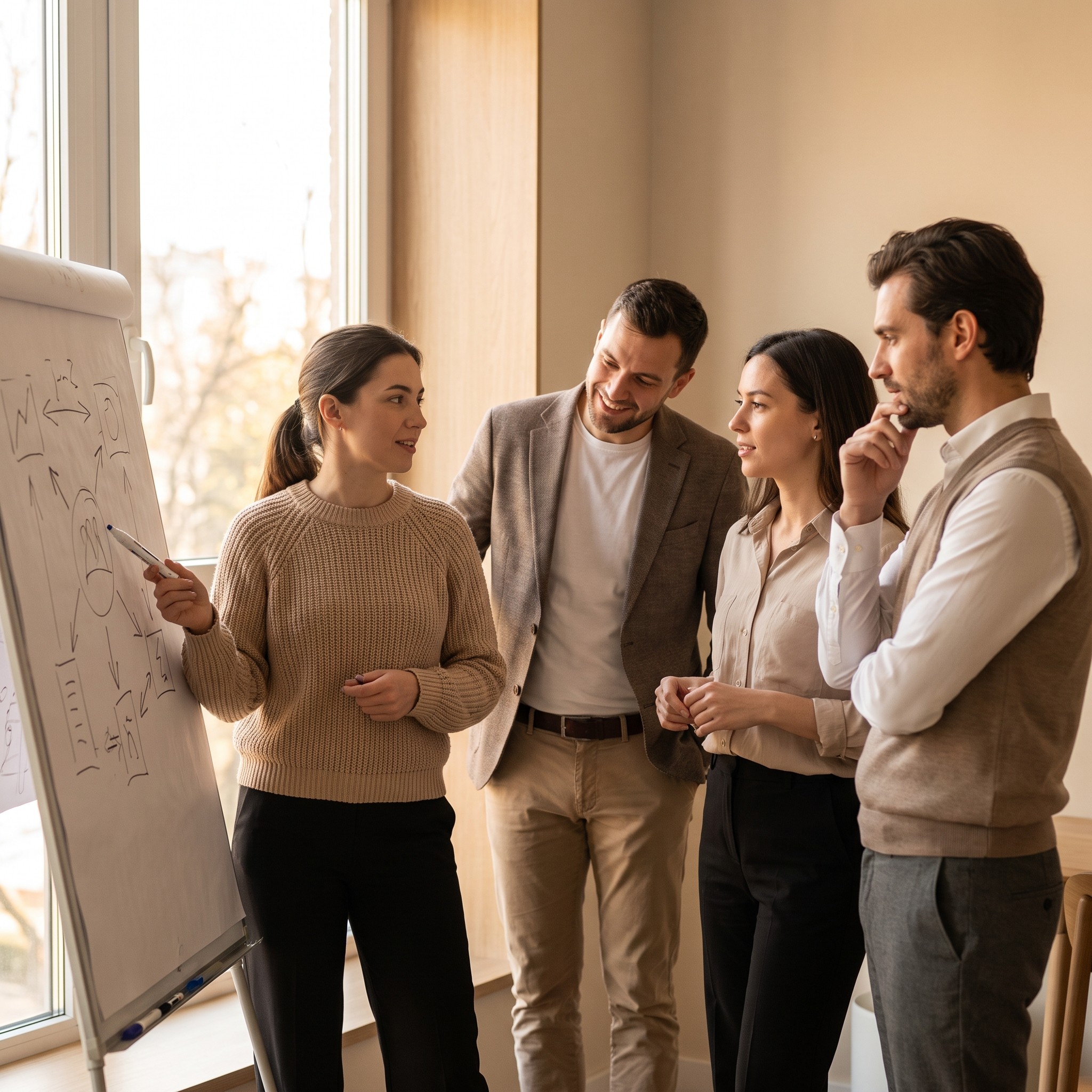 Creative office scene with 4 casual people smiling collaborate at the whiteborad, featuring blurred yellow and teal decor and a relaxed atmosphere.