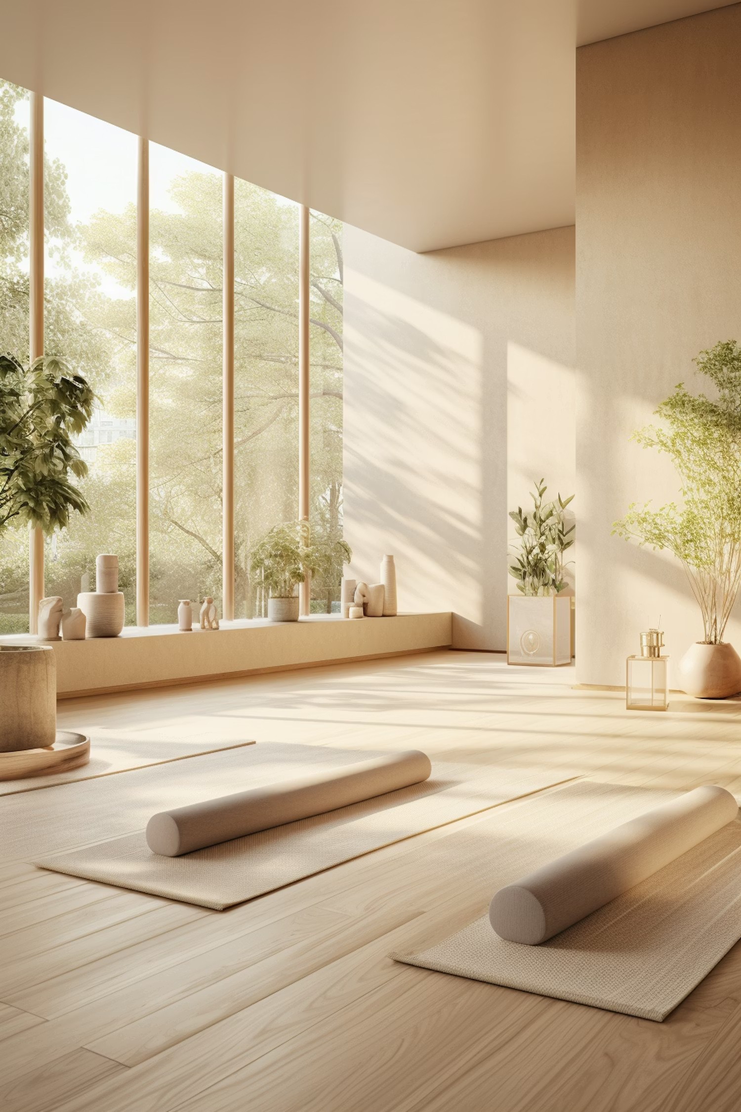 Sunlit minimalist room with soft furnishings and indoor plants, evoking a serene holistic wellness environment