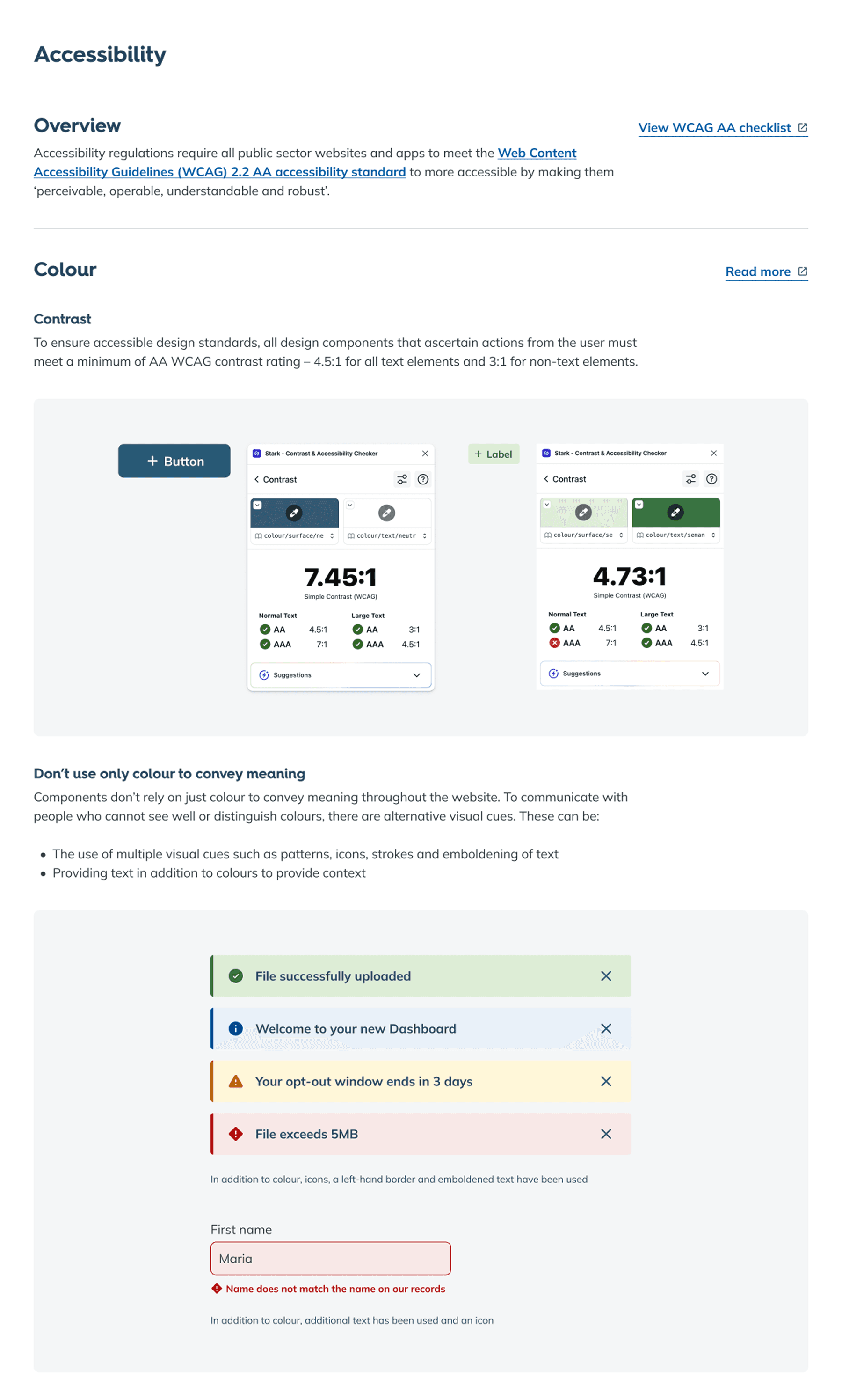Image showing accessibility guidelines from the Nest Design System, including guidance on colour contrast requirements and conveying meaning with more than just colour