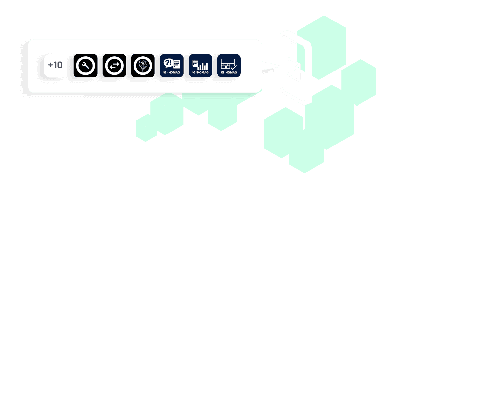 Illustration of skyscrapers and smartphone showing app icons to explain the integration of app and interface providers into the tapio ecosystem using a new development area.