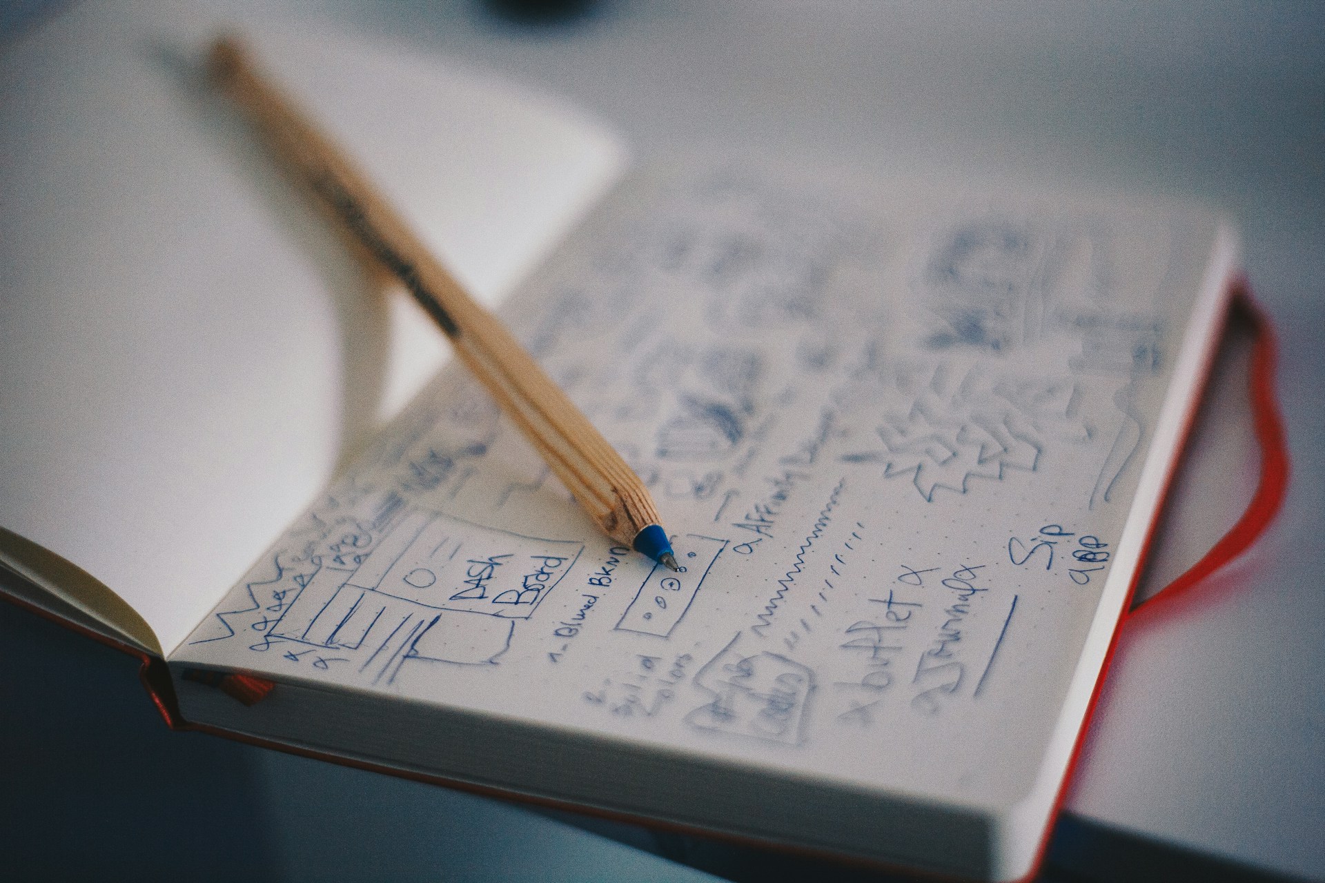 A pencil resting on a notebook filled with hand-drawn flowcharts and sketches.