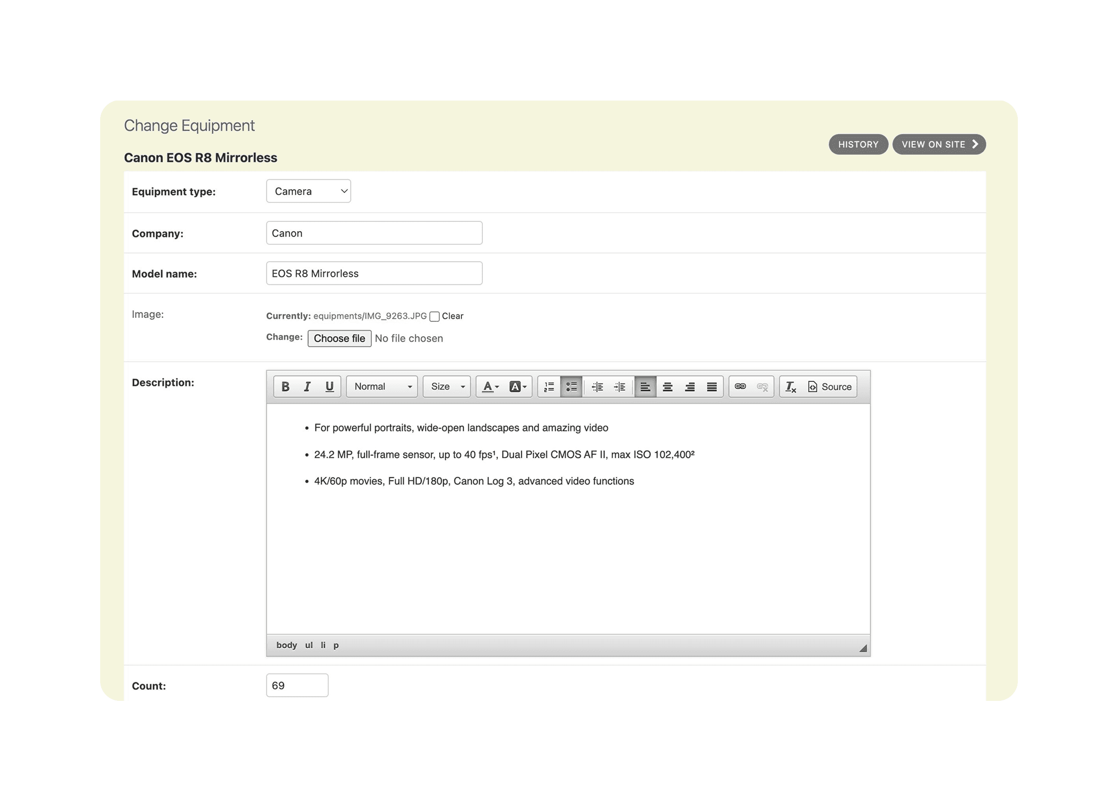 Form to change equipment details, including type, model, usage, and description.  A rich text editor is present for detailed descriptions.