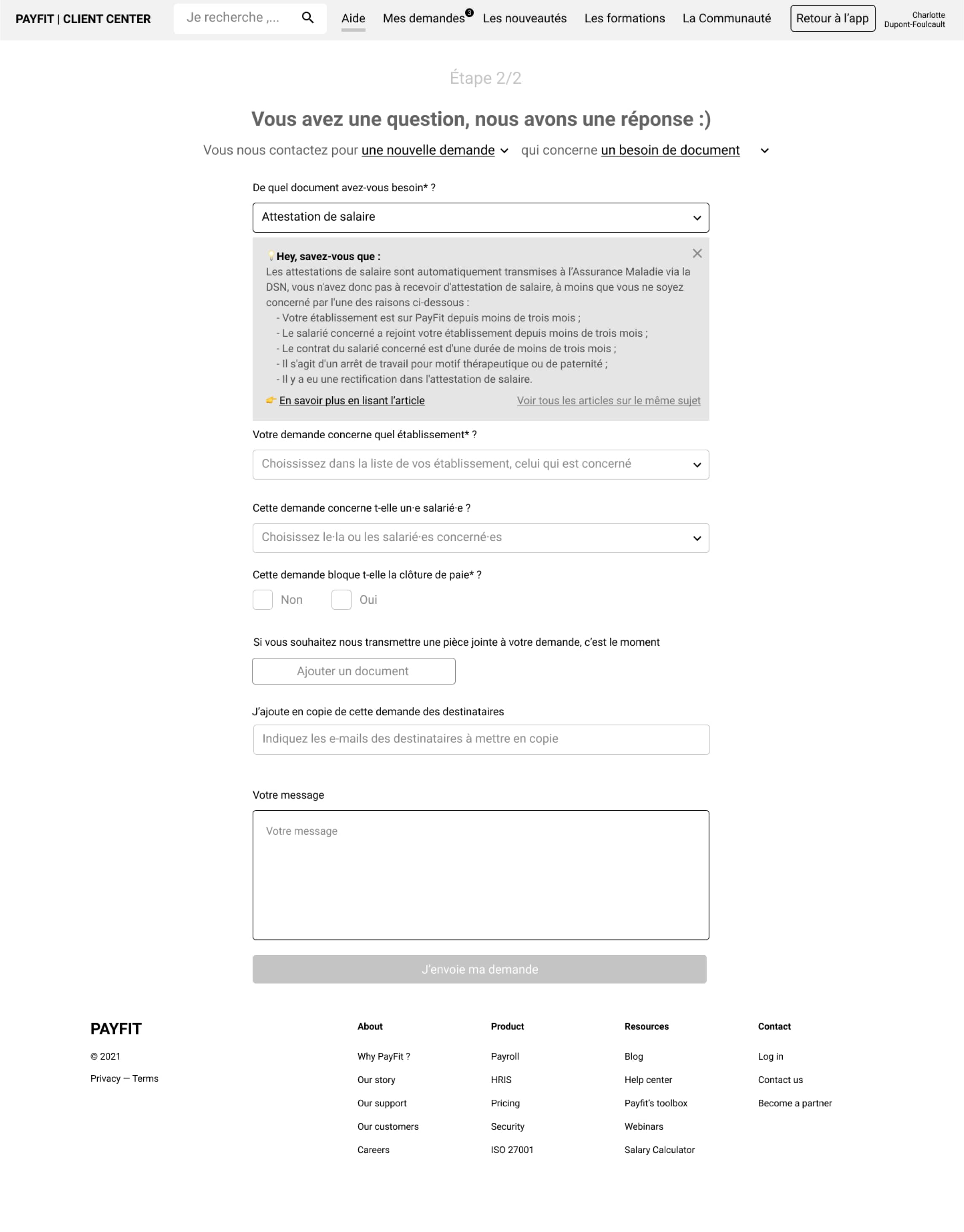 Wireframes mid-fidelity du help center PayFit — homepage générique, homepage contextuelle par pays, et page article, réalisés pour tester les parcours utilisateurs internes et clients.