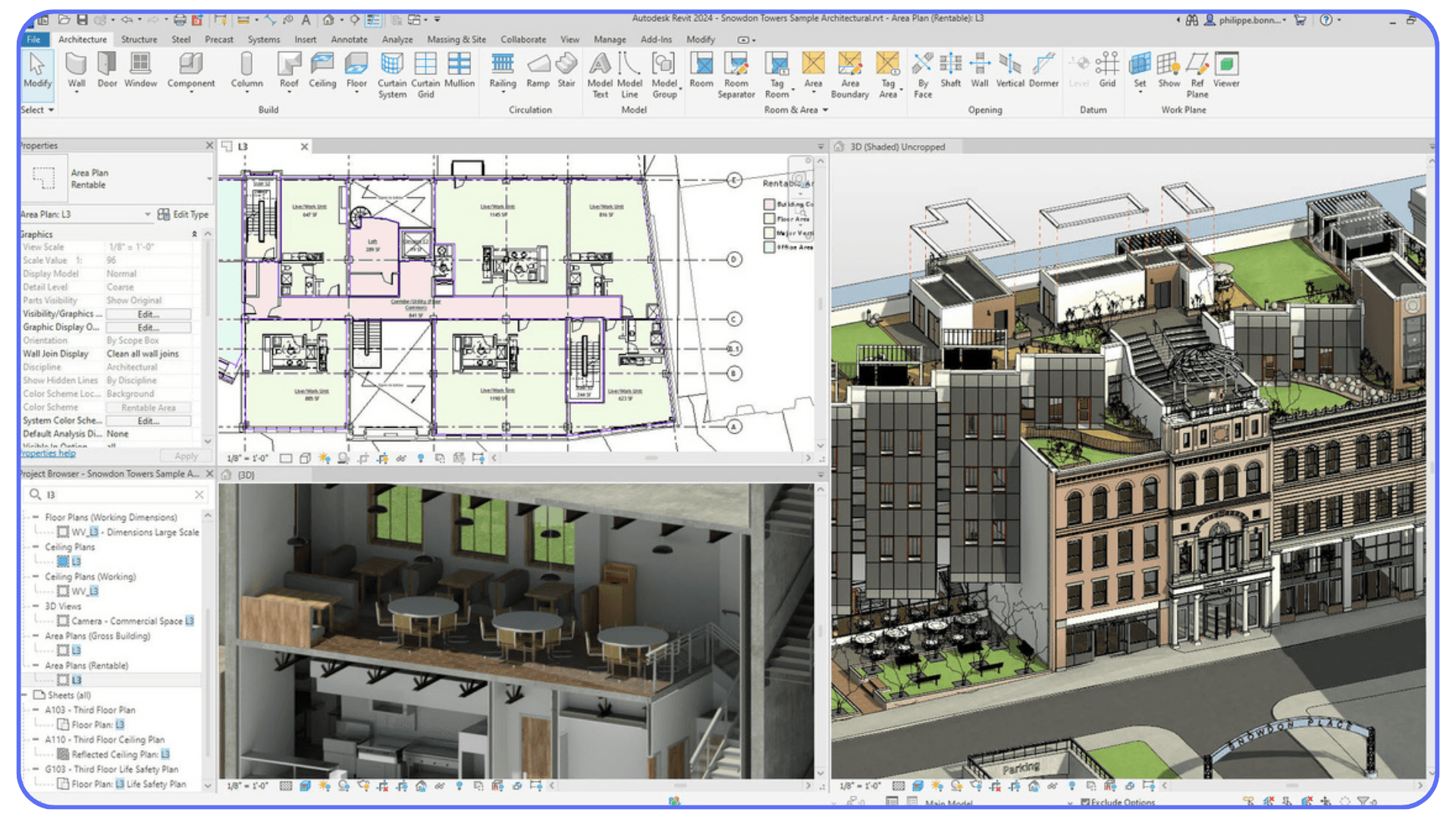 Autodesk Revit project showing floor plans, sections, and a detailed 3D model open at the same time