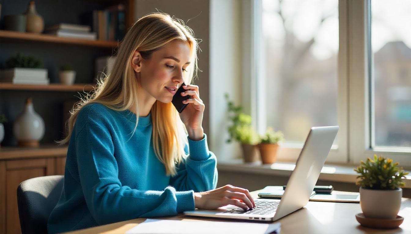 Heso blog image, A woman on her laptop but also struggling to talk on the phone with a friend