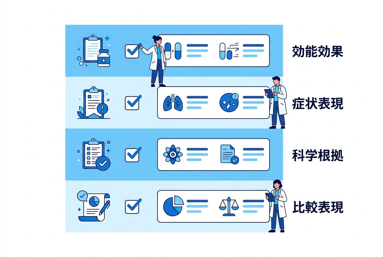 薬機法違反を防ぐための4つのチェック項目。効能効果表現の適法性、症状名使用の有無、科学的根拠の適切性、他社比較表現の妥当性を制作段階で確認する。