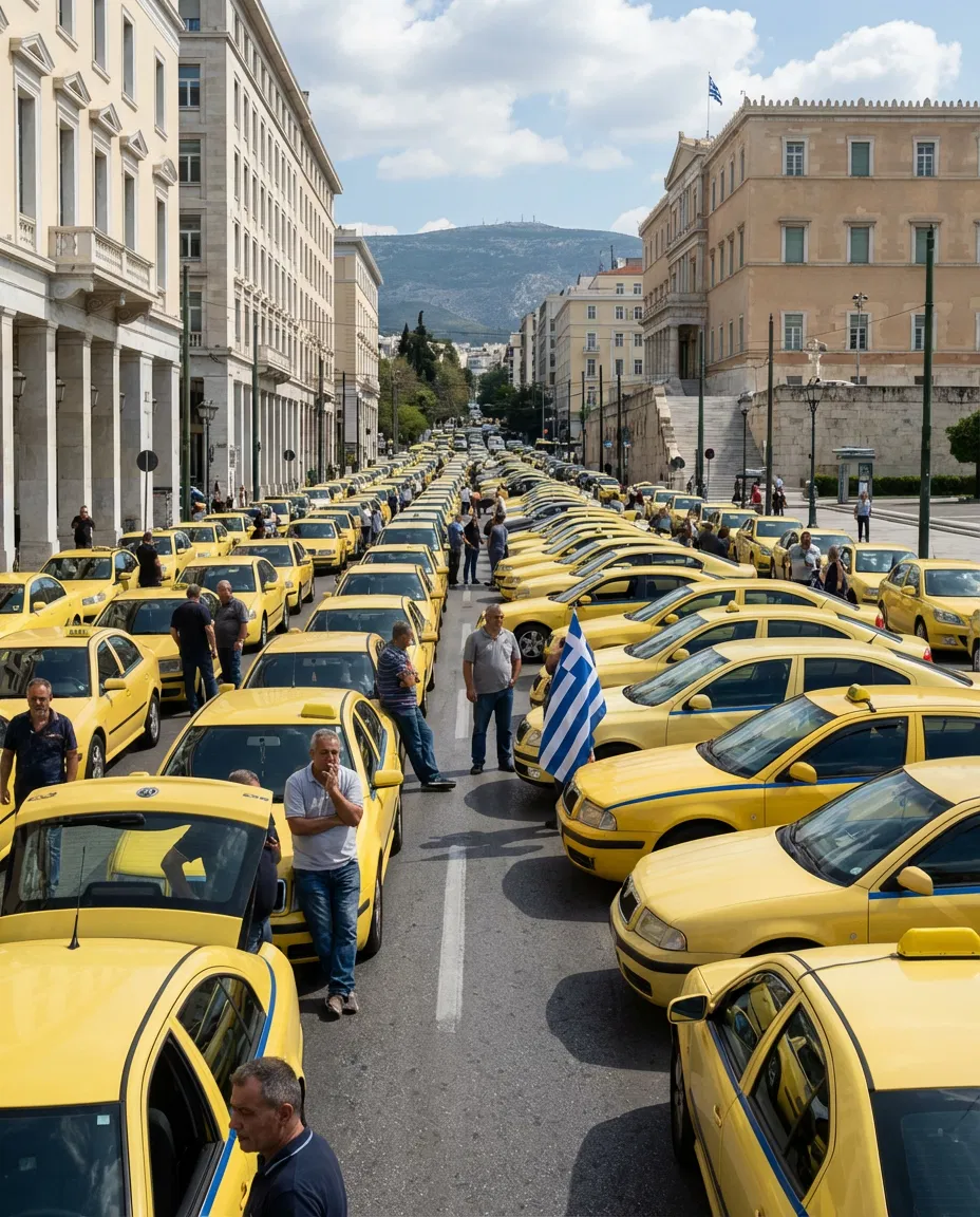 Yellow taxis lined up on an Athens street during a strike.