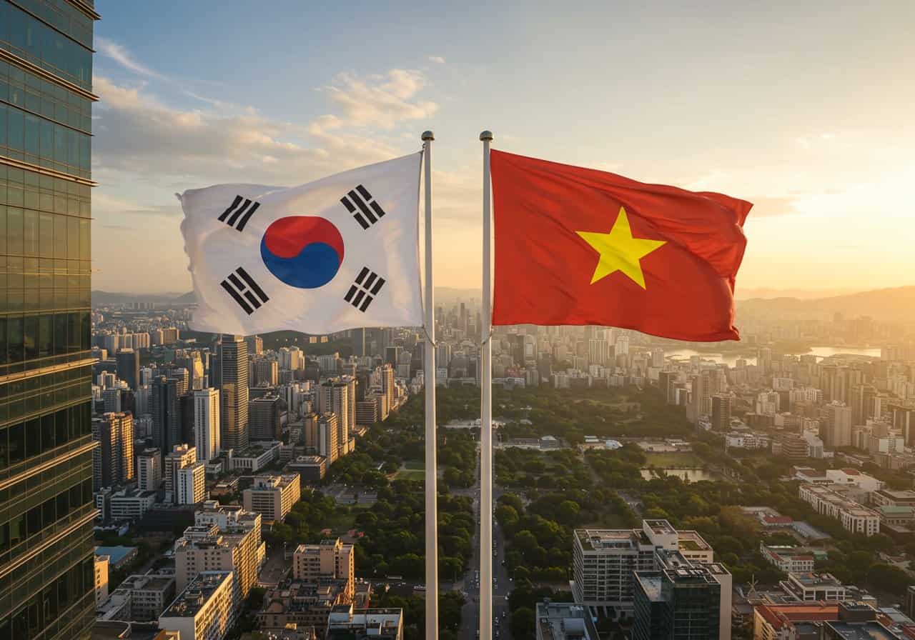 Ảnh minh họa cho quan hệ hợp tác kinh tế Việt Nam Hàn Quốc. Trong hình là quốc kỳ Hàn Quốc bên trái và quốc kỳ Việt Nam bên phải được treo cao trên cột cờ, phía xa là toàn cảnh thành phố hiện đại và bầu trời dưới ánh nắng bình minh.