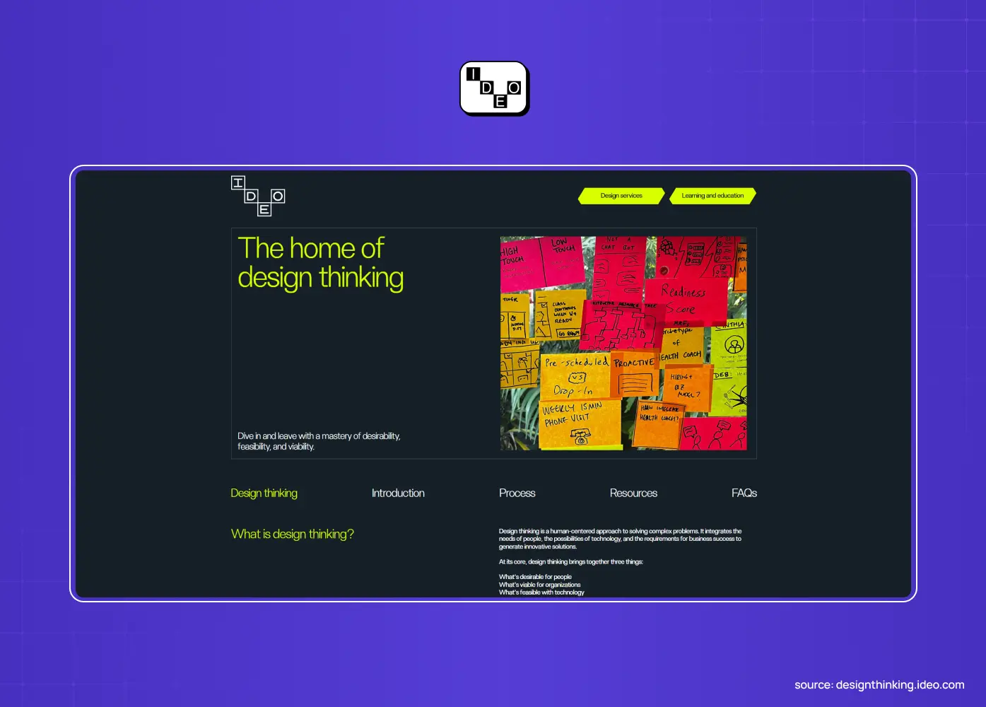 Homepage of IDEO highlighting design thinking with a dark-themed layout, colorful visuals, and innovation-focused content. 