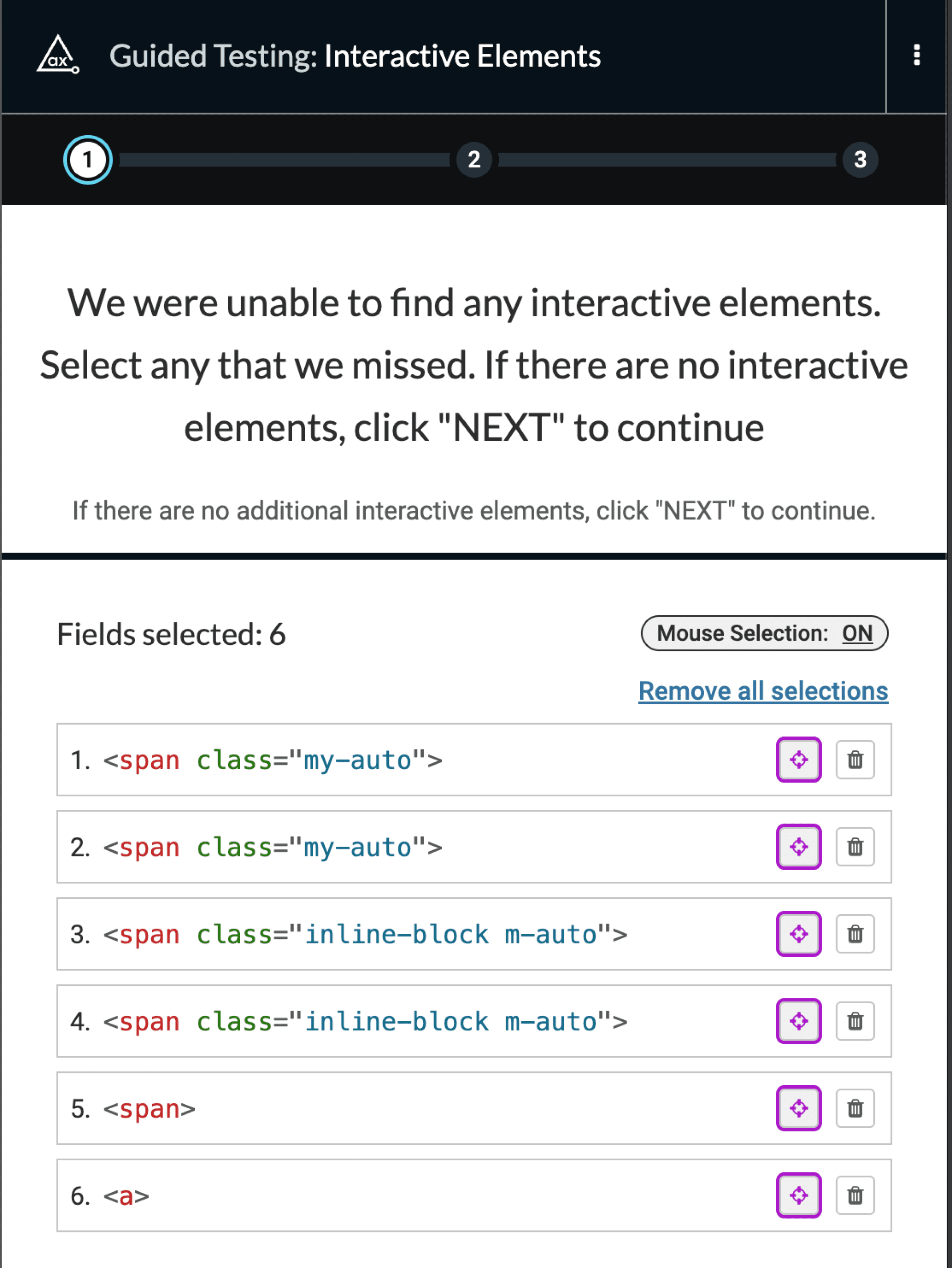 Screenshot from a test in axe devtools, testing the interactive of the website. It reads “We were unable to find any interactive elements”