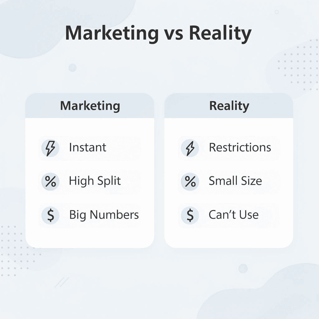 Comparison chart showing marketing promises versus trading reality