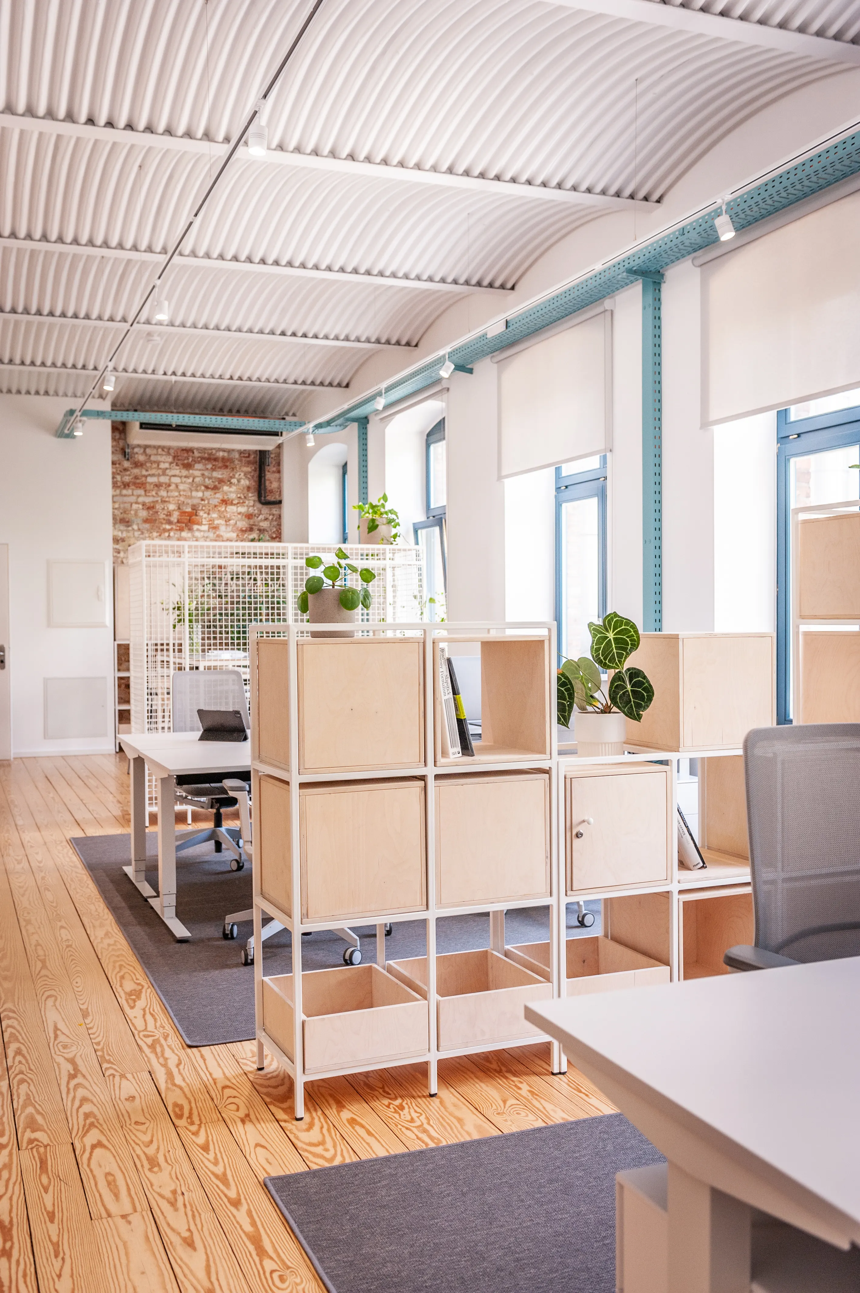 Open-plan office at EHEALTH-TEC with white-framed birch shelving units as room dividers, potted plants, white desks with grey office chairs, turquoise steel beams and a corrugated white ceiling.