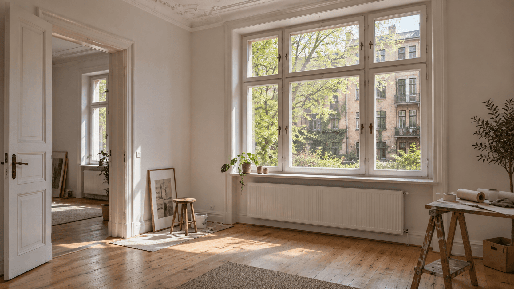 Period room with restored box windows and a new radiator, looking onto the courtyard