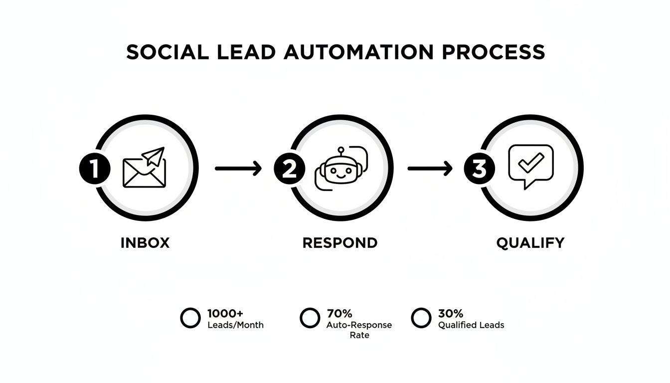 Social lead automation process infographic showing steps: Inbox, Respond, Qualify, with key performance metrics.