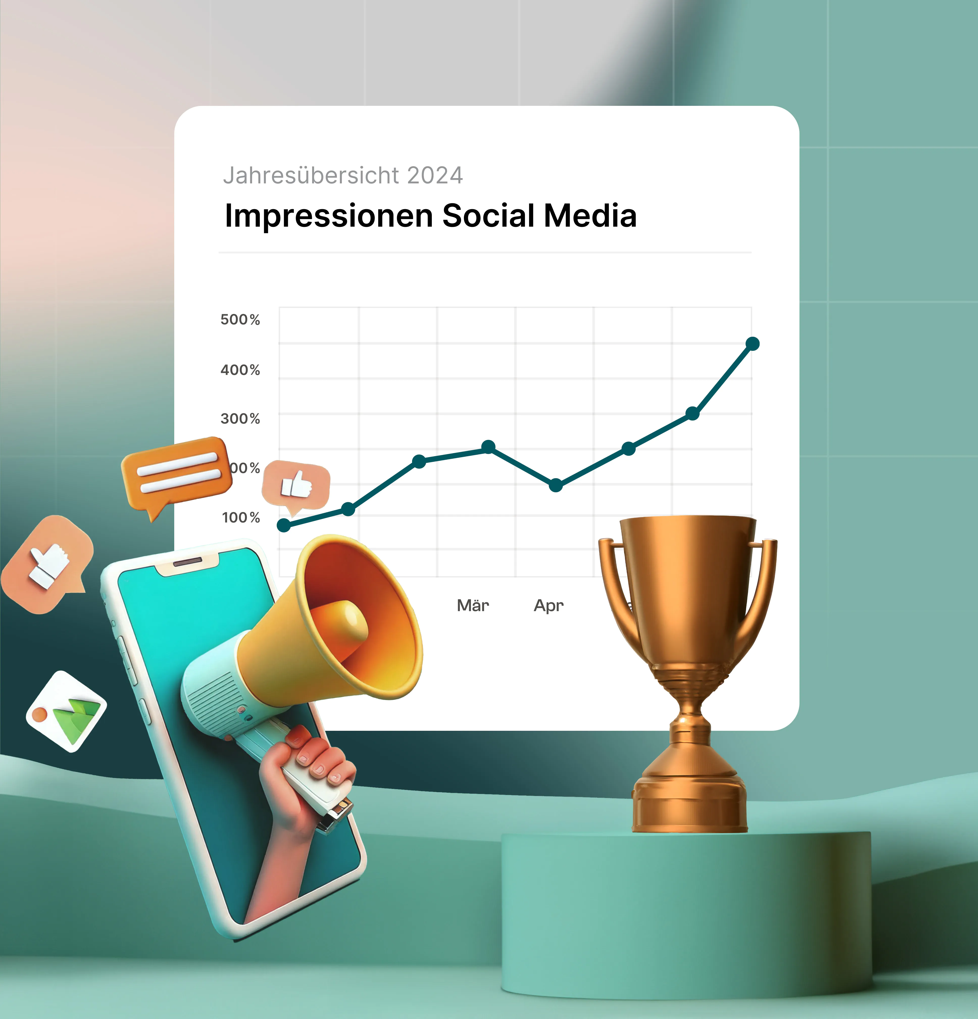Graph showing data improvement, with a trophy and megaphone embellishments.