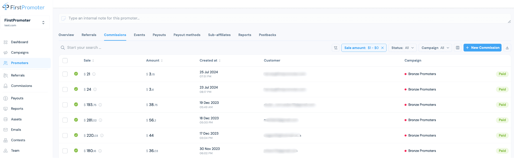 FirstPromoter commission records across recurring billing events for one partner, with CSV export for lifetime value analysis