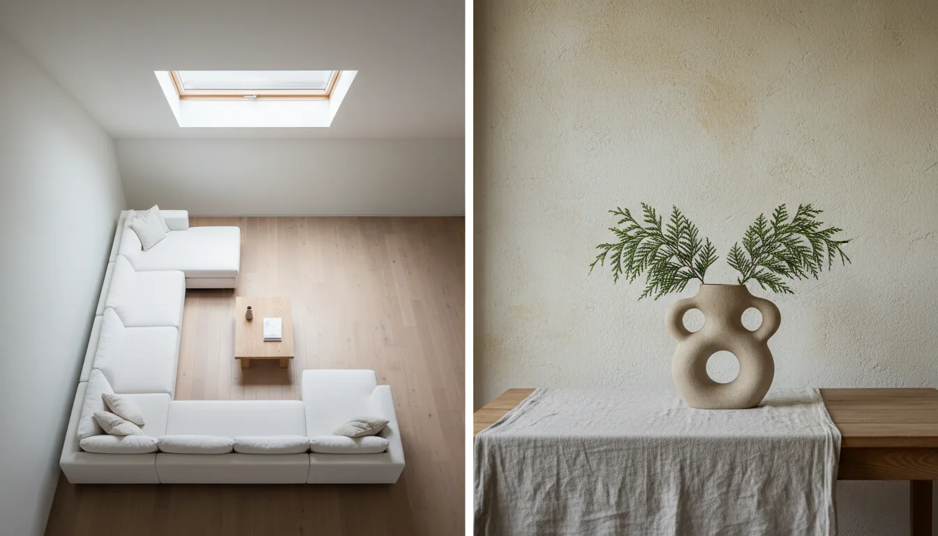 Diptych composition of minimalist architectural photography. Left panel: high-angle DSLR photograph of a modern living room from above, featuring a white sectional sofa, light oak wood floors, and a skylight casting soft natural daylight. Right panel: a close-up still life of a sculptural, matte beige ceramic vase holding green cedar branches on a linen-covered table, set against a textured limewash wall with soft, diffused lighting.