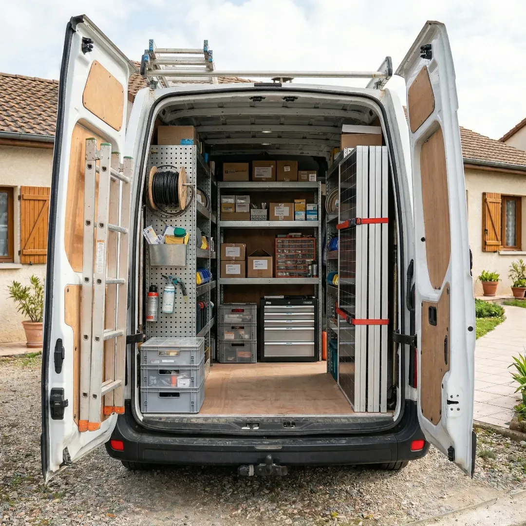 Intérieur d'un fourgon utilitaire organisé avec étagères, outils, échelle et panneaux solaires.