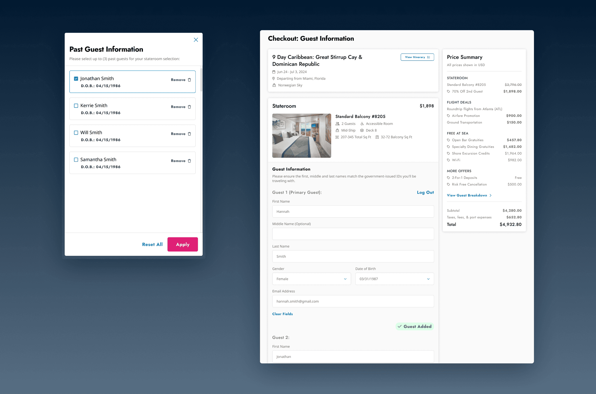 Guest information — returning guests pre-fill from past sailings via the Past Guest drawer, eliminating repetitive data entry at the start of checkout.
