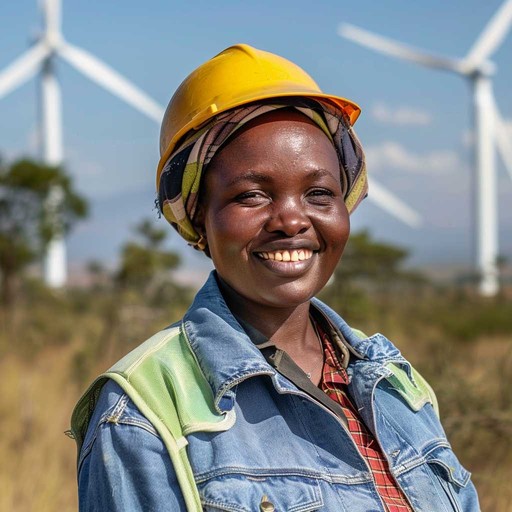 african woman in front of a wind farm