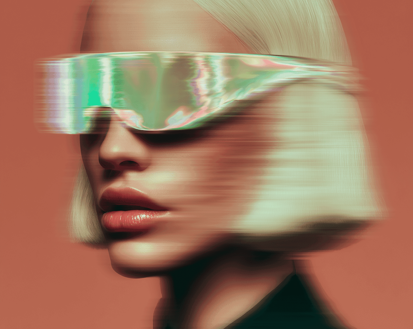 A woman in sunglasses and a black shirt stands confidently, showcasing a stylish and modern look.