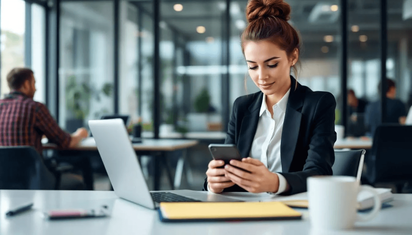Un professionnel utilise son smartphone pour accéder à des contenus de micro apprentissage dans un environnement de bureau moderne, illustrant l'importance des modules courts pour la formation professionnelle. Cette approche permet aux apprenants d'acquérir des connaissances rapidement, en quelques minutes, grâce à divers formats comme des vidéos et des quiz.