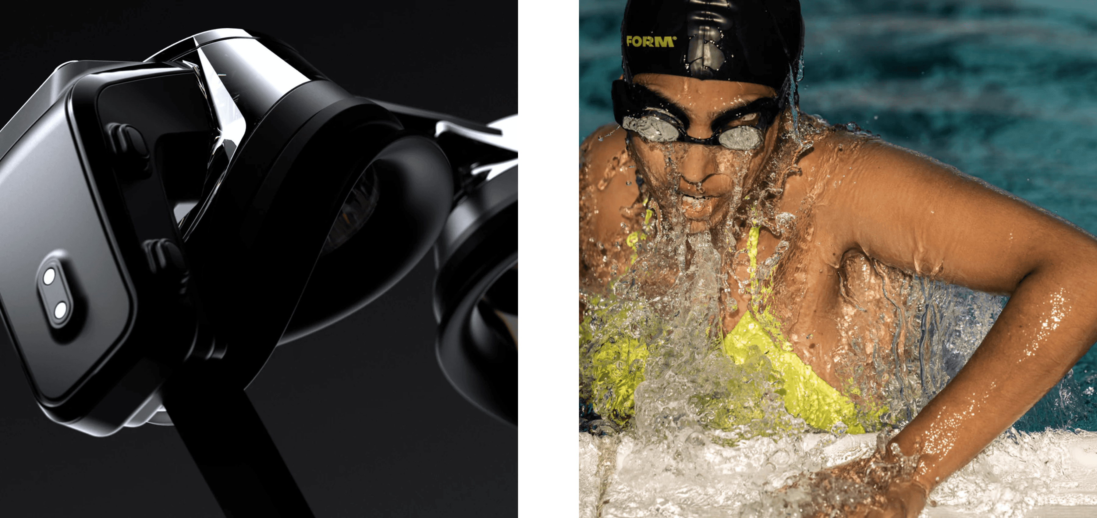 Images of perform swim goggles close up and also a woman wearing swim goggles emerging from the pool.